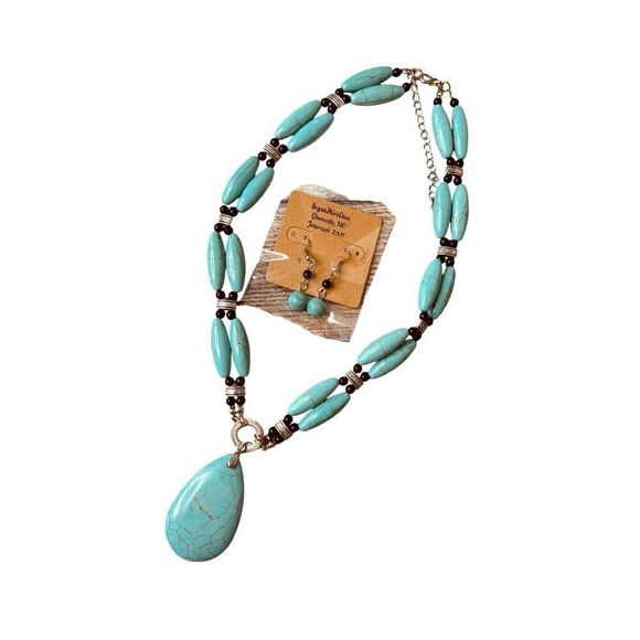 Apache Style Imitation Turquoise Pendant Necklace Matching Earrings - Picture 1 of 12